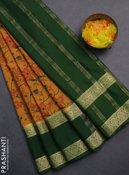 Semi mysore silk saree mustard yellow and green with allover floral prints and rettapet zari woven border
