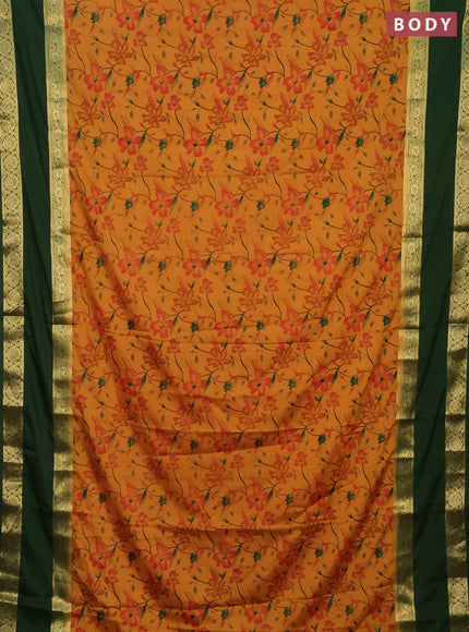 Semi mysore silk saree mustard yellow and green with allover floral prints and rettapet zari woven border
