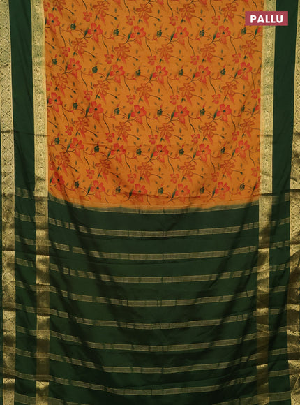 Semi mysore silk saree mustard yellow and green with allover floral prints and rettapet zari woven border