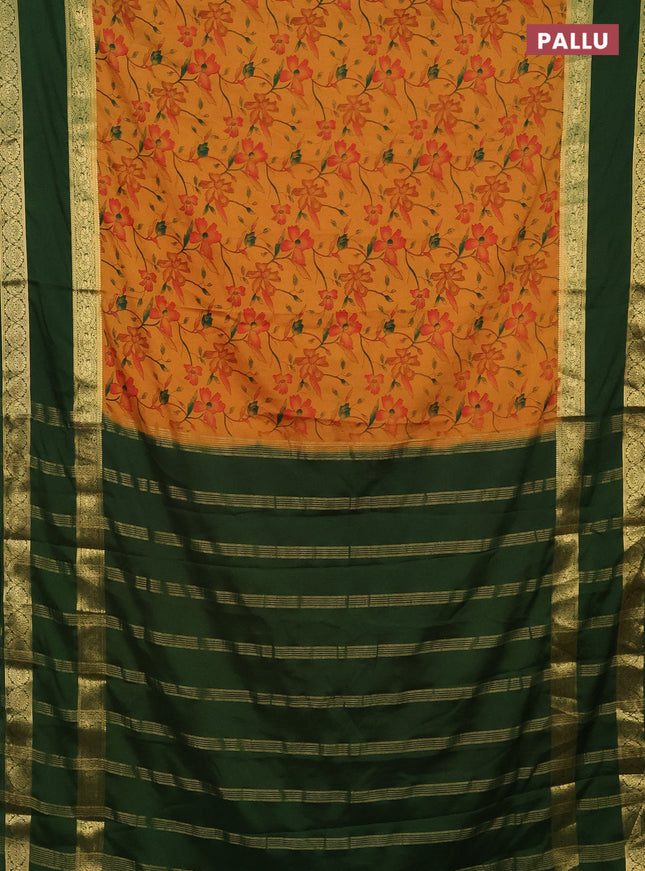 Semi mysore silk saree mustard yellow and green with allover floral prints and rettapet zari woven border
