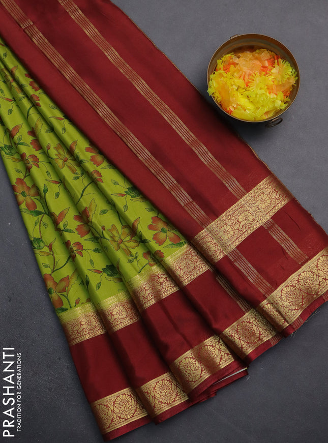 Semi mysore silk saree light green and maroon with allover floral prints and rettapet zari woven border