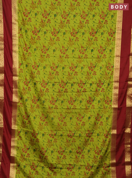 Semi mysore silk saree light green and maroon with allover floral prints and rettapet zari woven border