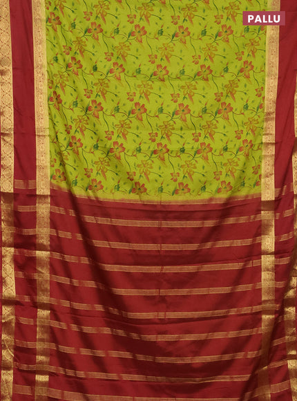 Semi mysore silk saree light green and maroon with allover floral prints and rettapet zari woven border