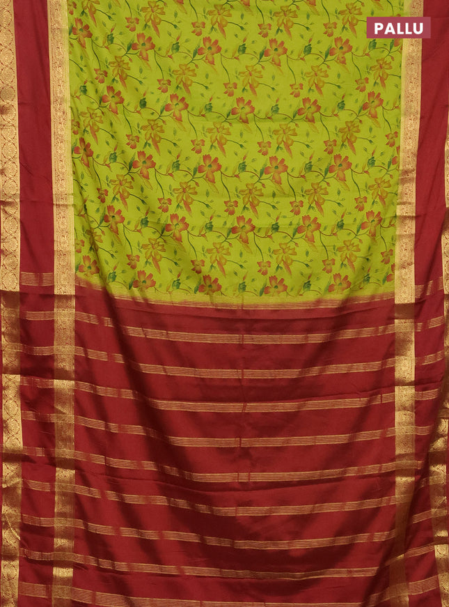 Semi mysore silk saree light green and maroon with allover floral prints and rettapet zari woven border