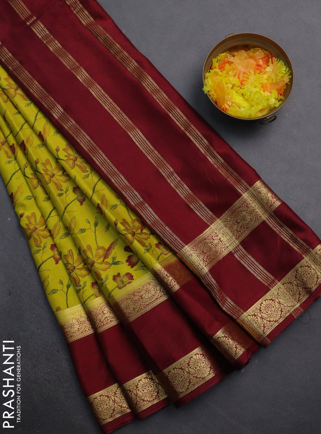 Semi mysore silk saree lime yellow and maroon with allover floral prints and rettapet zari woven border