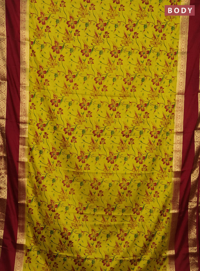 Semi mysore silk saree lime yellow and maroon with allover floral prints and rettapet zari woven border
