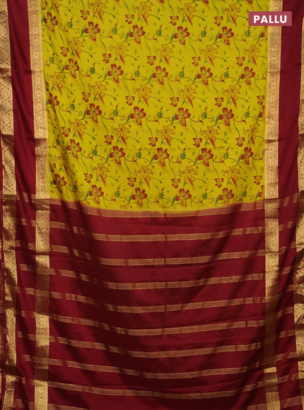 Semi mysore silk saree lime yellow and maroon with allover floral prints and rettapet zari woven border