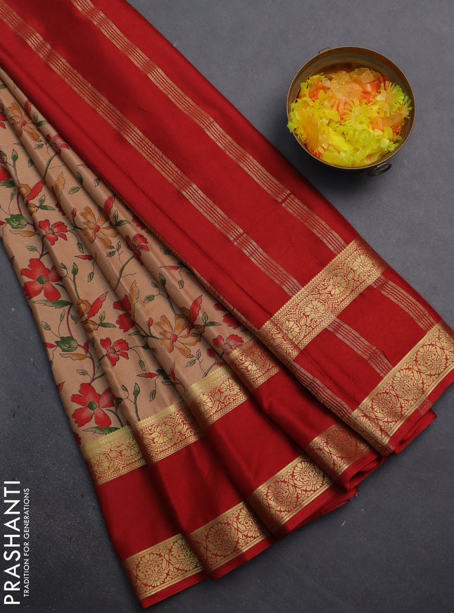 Semi mysore silk saree sandal and red with allover floral prints and rettapet zari woven border