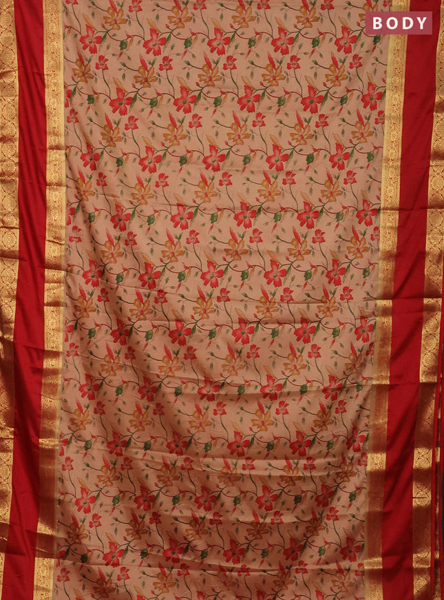 Semi mysore silk saree sandal and red with allover floral prints and rettapet zari woven border