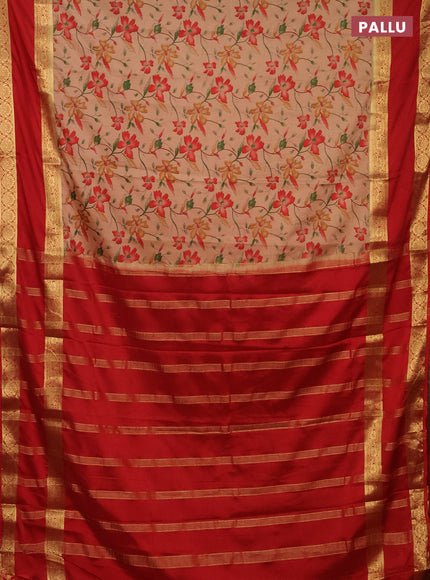 Semi mysore silk saree sandal and red with allover floral prints and rettapet zari woven border