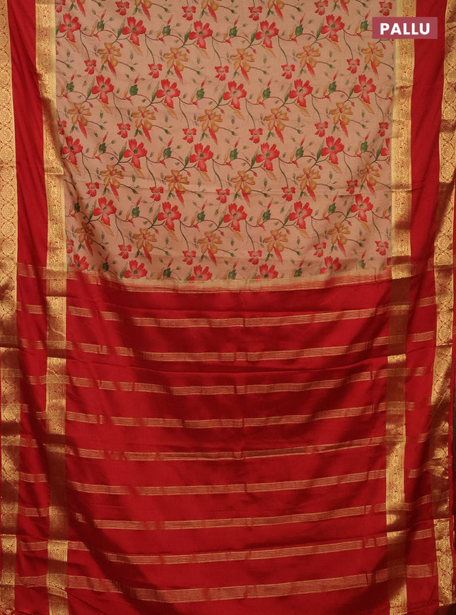Semi mysore silk saree sandal and red with allover floral prints and rettapet zari woven border
