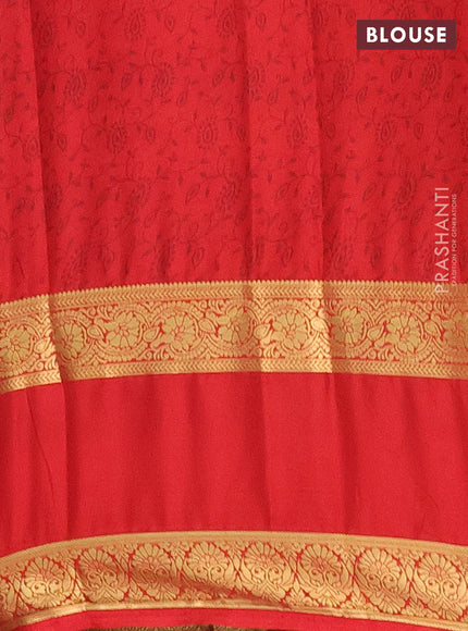 Semi mysore silk saree sandal and red with allover floral prints and rettapet zari woven border