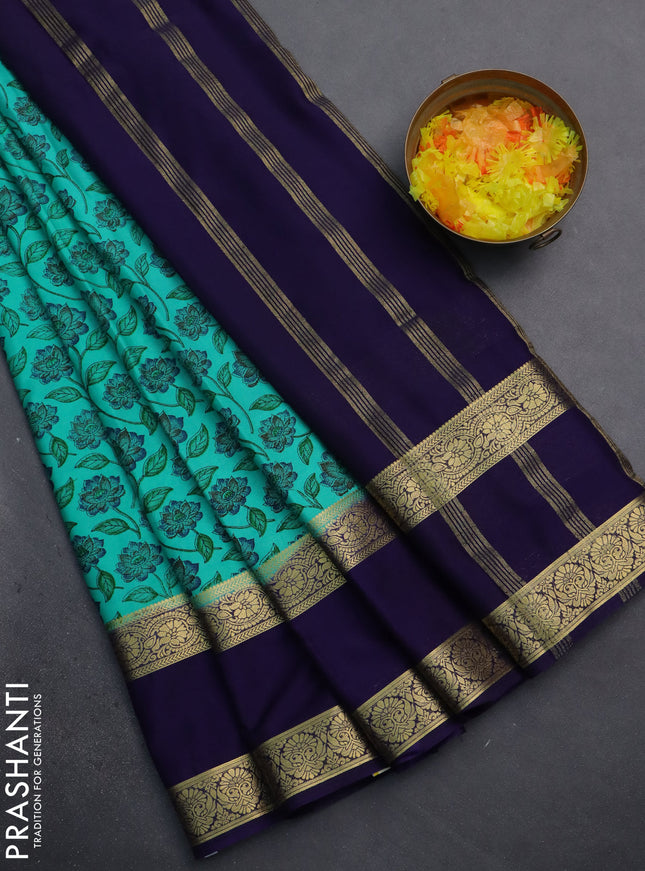 Semi mysore silk saree teal green and navy blue with allover floral prints and rettapet zari woven border