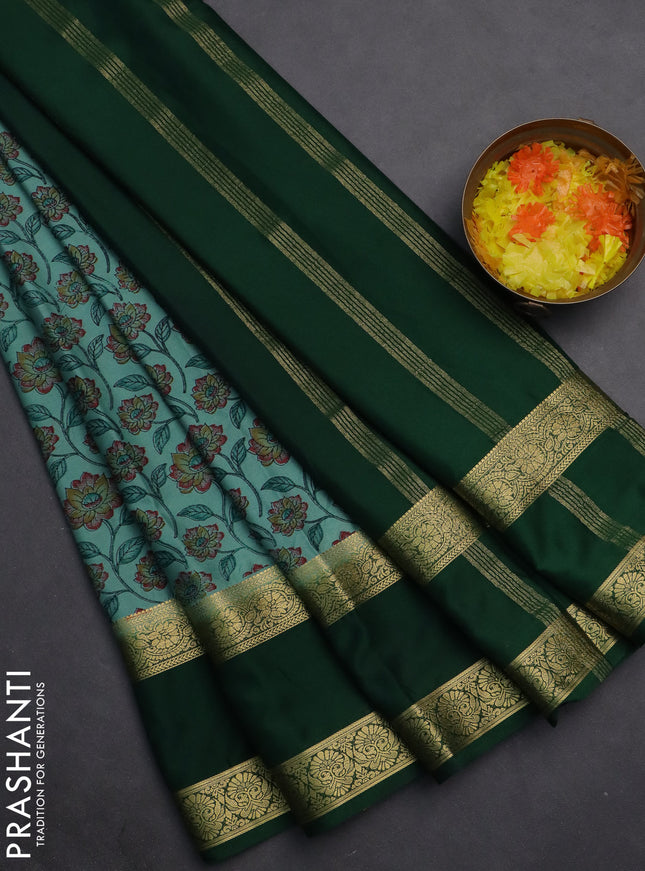 Semi mysore silk saree teal blue and green with allover floral prints and rettapet zari woven border