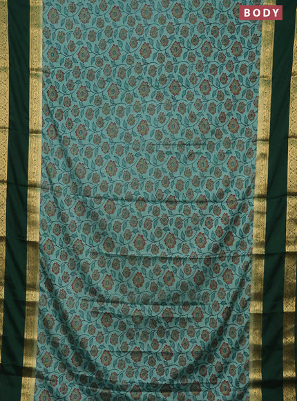Semi mysore silk saree teal blue and green with allover floral prints and rettapet zari woven border