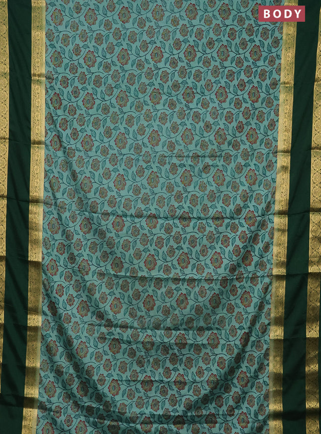 Semi mysore silk saree teal blue and green with allover floral prints and rettapet zari woven border