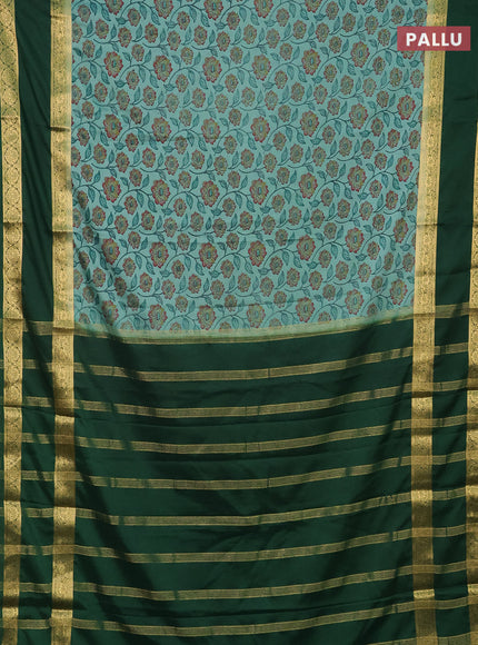 Semi mysore silk saree teal blue and green with allover floral prints and rettapet zari woven border