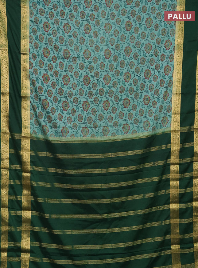 Semi mysore silk saree teal blue and green with allover floral prints and rettapet zari woven border