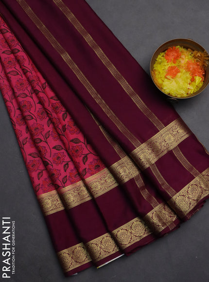 Semi mysore silk saree pink and purple with allover floral prints and rettapet zari woven border