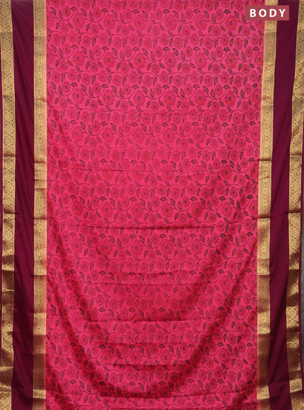 Semi mysore silk saree pink and purple with allover floral prints and rettapet zari woven border