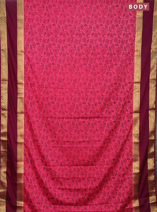 Semi mysore silk saree pink and purple with allover floral prints and rettapet zari woven border