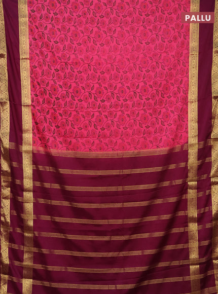 Semi mysore silk saree pink and purple with allover floral prints and rettapet zari woven border