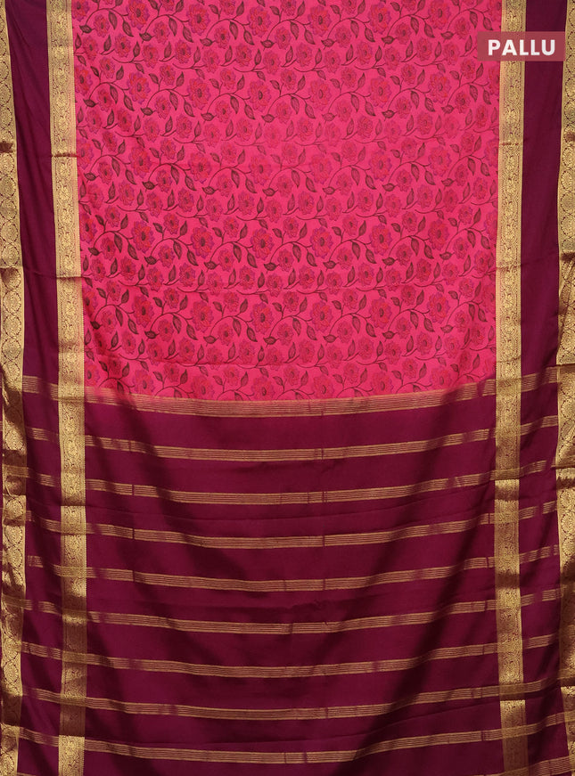 Semi mysore silk saree pink and purple with allover floral prints and rettapet zari woven border