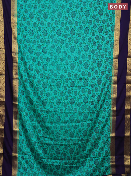 Semi mysore silk saree teal green and navy blue with allover floral prints and rettapet zari woven border