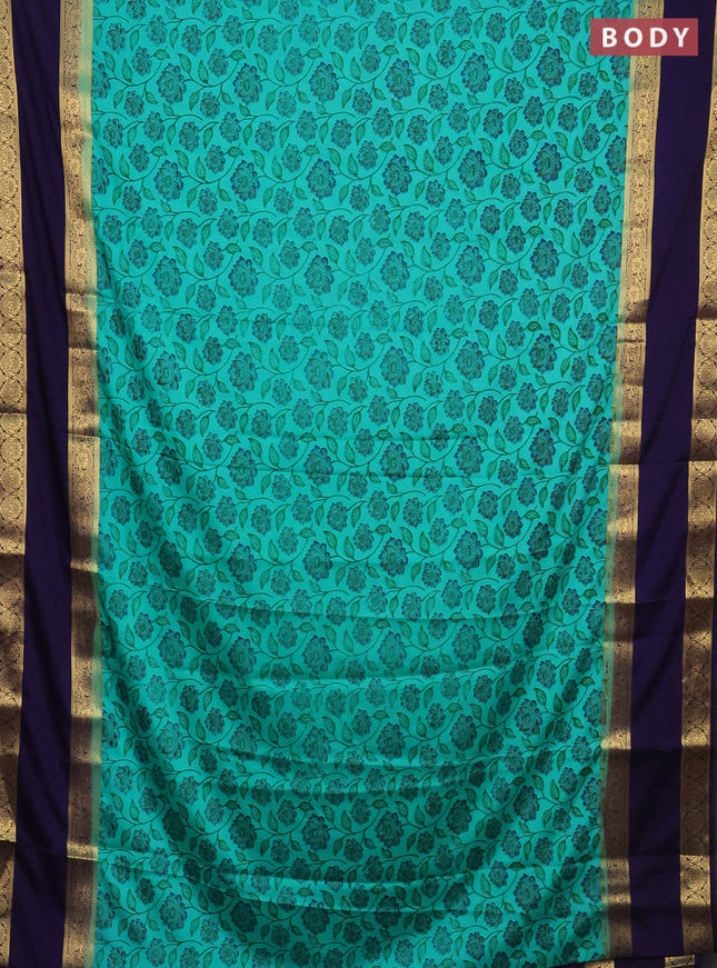 Semi mysore silk saree teal green and navy blue with allover floral prints and rettapet zari woven border
