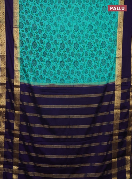 Semi mysore silk saree teal green and navy blue with allover floral prints and rettapet zari woven border