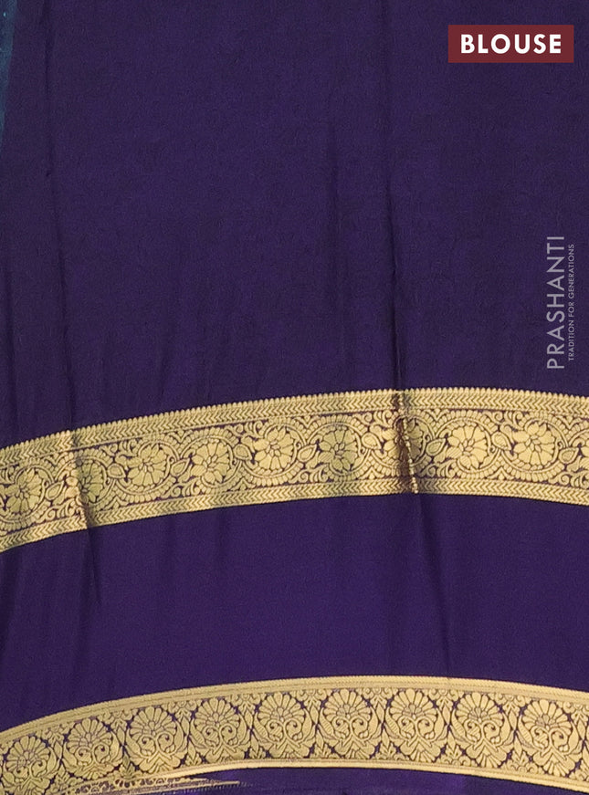 Semi mysore silk saree teal green and navy blue with allover floral prints and rettapet zari woven border