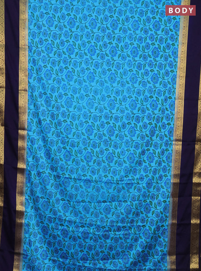 Semi mysore silk saree light blue and navy blue with allover floral prints and rettapet zari woven border