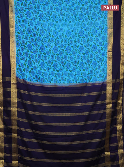 Semi mysore silk saree light blue and navy blue with allover floral prints and rettapet zari woven border