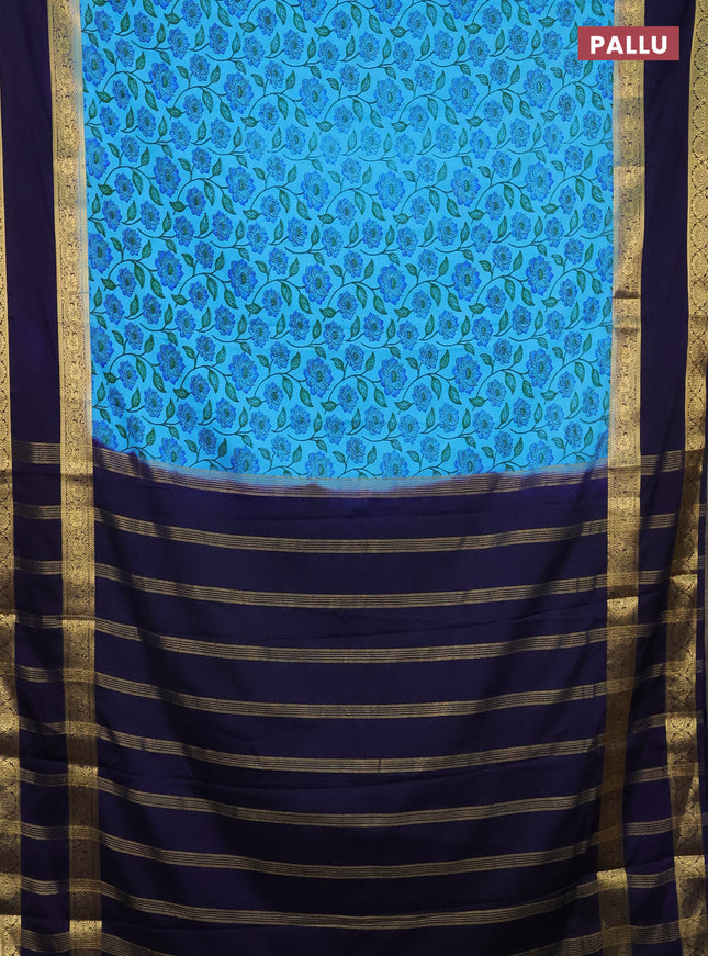 Semi mysore silk saree light blue and navy blue with allover floral prints and rettapet zari woven border