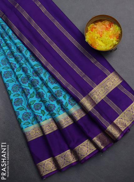 Semi mysore silk saree light blue and violet with allover floral prints and rettapet zari woven border