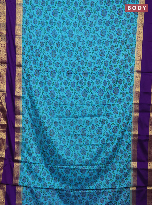 Semi mysore silk saree light blue and violet with allover floral prints and rettapet zari woven border