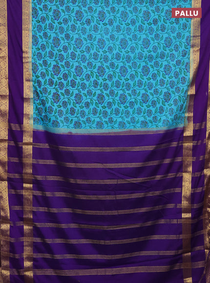 Semi mysore silk saree light blue and violet with allover floral prints and rettapet zari woven border