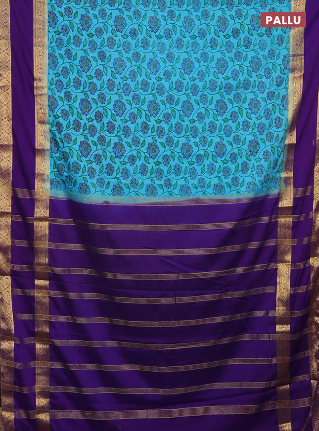 Semi mysore silk saree light blue and violet with allover floral prints and rettapet zari woven border
