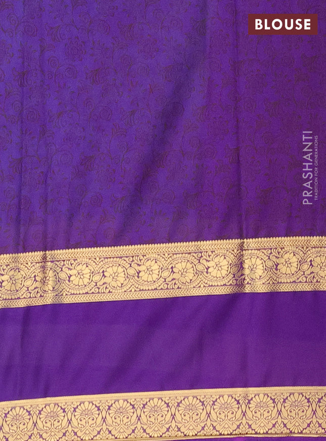 Semi mysore silk saree light blue and violet with allover floral prints and rettapet zari woven border