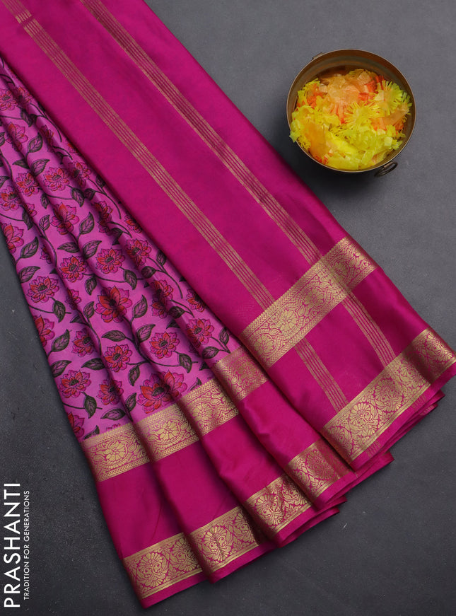 Semi mysore silk saree light pink and pink with allover floral prints and rettapet zari woven border