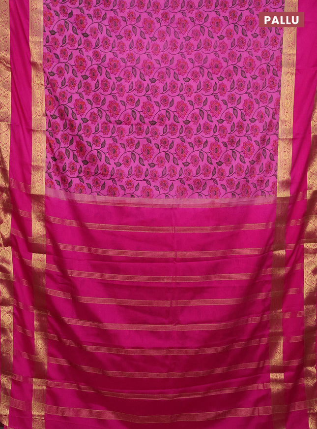 Semi mysore silk saree light pink and pink with allover floral prints and rettapet zari woven border