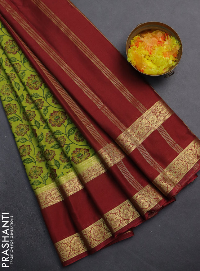 Semi mysore silk saree lime green and maroon with allover floral prints and rettapet zari woven border