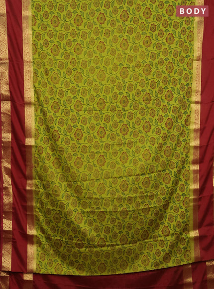 Semi mysore silk saree lime green and maroon with allover floral prints and rettapet zari woven border