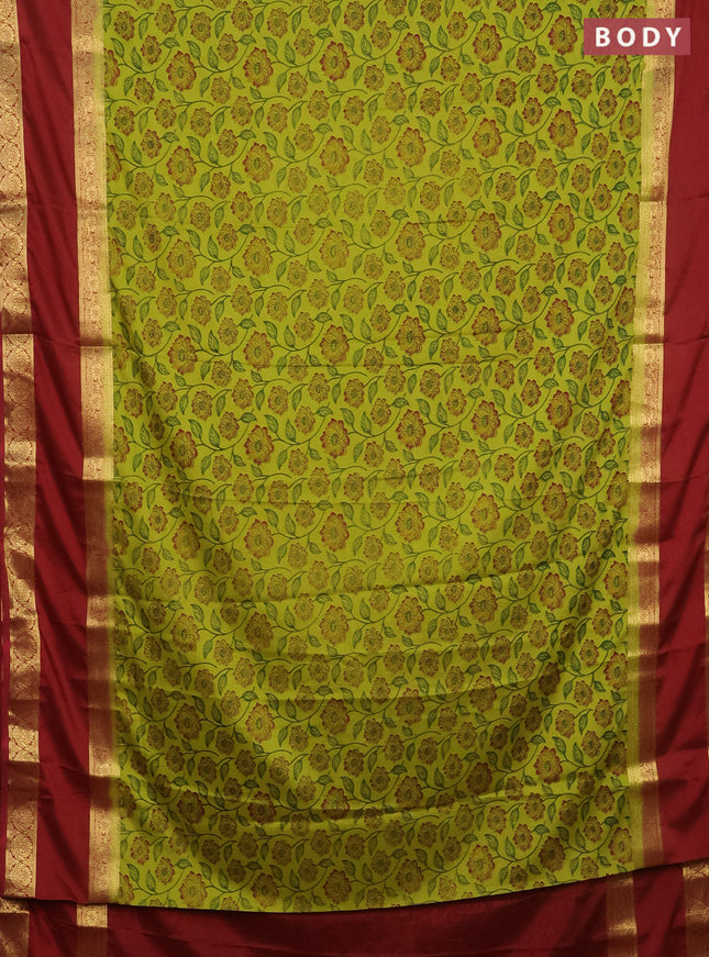 Semi mysore silk saree lime green and maroon with allover floral prints and rettapet zari woven border
