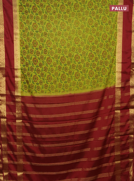 Semi mysore silk saree lime green and maroon with allover floral prints and rettapet zari woven border