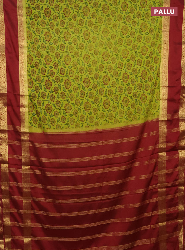 Semi mysore silk saree lime green and maroon with allover floral prints and rettapet zari woven border