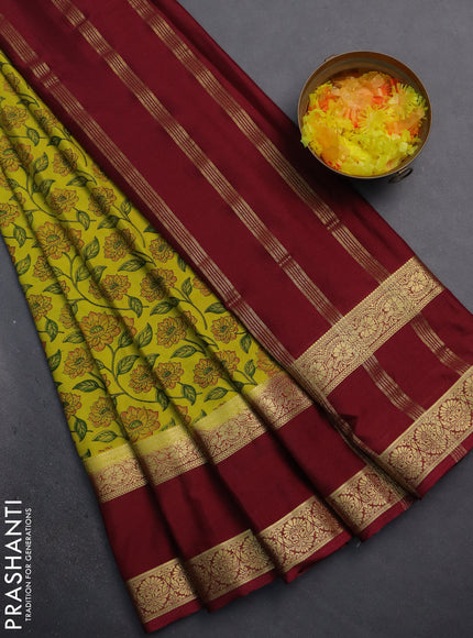 Semi mysore silk saree lime yellow and maroon with allover floral prints and rettapet zari woven border