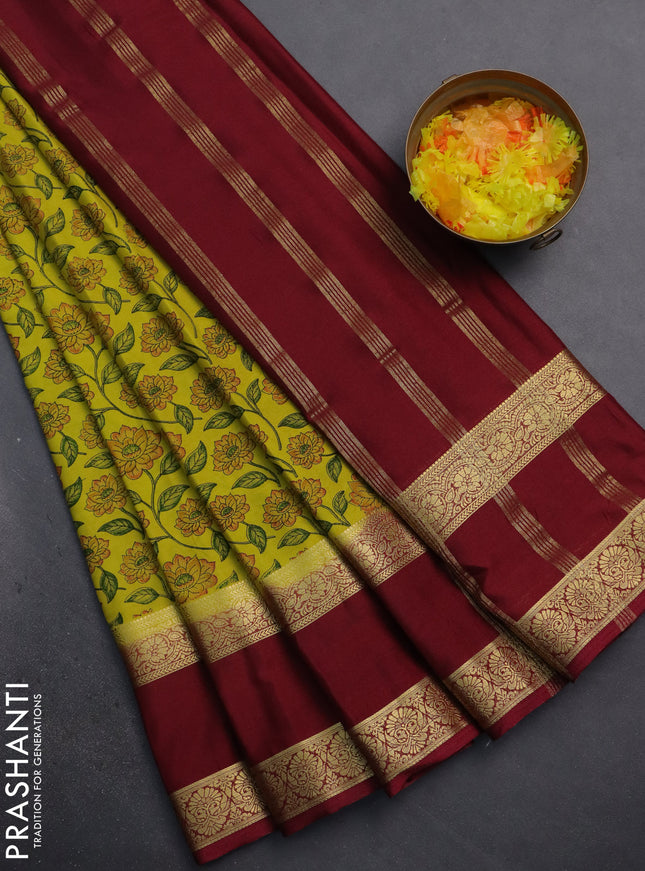 Semi mysore silk saree lime yellow and maroon with allover floral prints and rettapet zari woven border