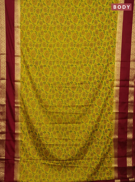 Semi mysore silk saree lime yellow and maroon with allover floral prints and rettapet zari woven border