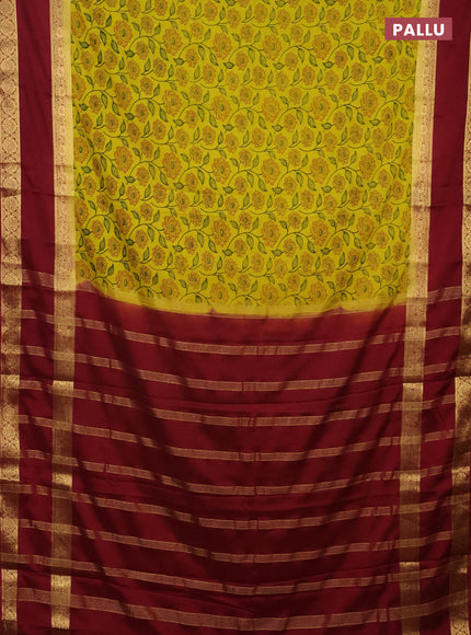 Semi mysore silk saree lime yellow and maroon with allover floral prints and rettapet zari woven border